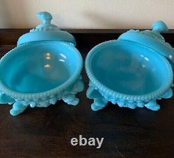 French Blue Opaline Milk Glass Argonaut Dish, Sea Serpent Feet 2Vintage MCM Rare