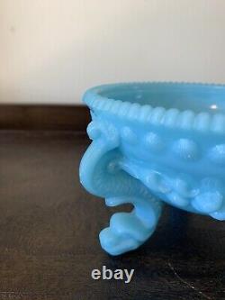 French Blue Opaline Milk Glass Argonaut Dish, Sea Serpent Feet 2Vintage MCM Rare