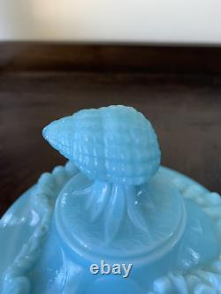 French Blue Opaline Milk Glass Argonaut Dish, Sea Serpent Feet 2Vintage MCM Rare