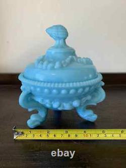 French Blue Opaline Milk Glass Argonaut Dish, Sea Serpent Feet 2Vintage MCM Rare