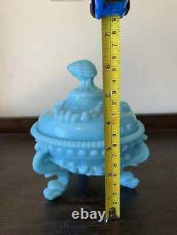 French Blue Opaline Milk Glass Argonaut Dish, Sea Serpent Feet 2Vintage MCM Rare