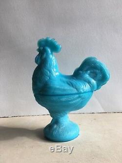 French Portieux Vallerysthal Blue Opaline Milk Glass Rooster Ring of Fire MINT