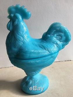 French Portieux Vallerysthal Blue Opaline Milk Glass Rooster Ring of Fire MINT