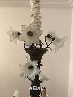 French Victorian Bronze Chandelier lamp opaline milk glass flowers candelabra