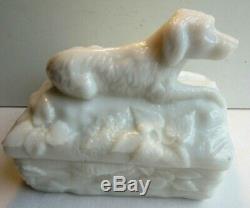 French opaline box, white milk glass by Vallérysthal Hunting dog lying down