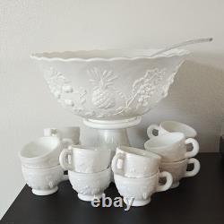 Fruits Milk Glass Punch Bowl, Pedestal, ladle, 12 cups by Westmoreland