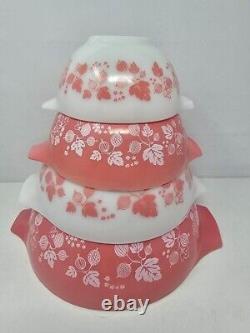 Full Set of 4 VTG Pyrex Pink & White Cinderella Gooseberry Mixing Bowls 441- 444
