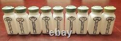 GRIFFITH'S VINTAGE SPICE JARS, SET OF 18, MILK GLASS with GREEN TOPS (VERY NICE)
