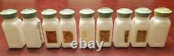 GRIFFITH'S VINTAGE SPICE JARS, SET OF 18, MILK GLASS with GREEN TOPS (VERY NICE)