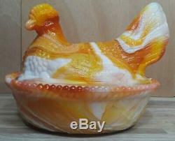 Glass Hen on Nest Orange and White Milk Glass Slag Nesting Chicken