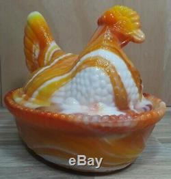 Glass Hen on Nest Orange and White Milk Glass Slag Nesting Chicken