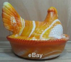 Glass Hen on Nest Orange and White Milk Glass Slag Nesting Chicken