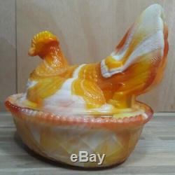 Glass Hen on Nest Orange and White Milk Glass Slag Nesting Chicken