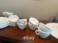 Glossy white milk glass dish sets vintage with grape and leaf pattern