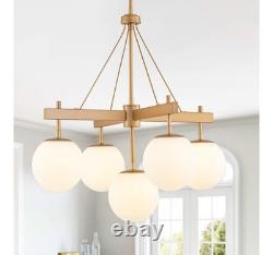 Gold Globe White Milk Glass Chandelier 5-Light Mid Century Sputnik Ceiling Light