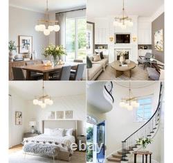 Gold Globe White Milk Glass Chandelier 5-Light Mid Century Sputnik Ceiling Light