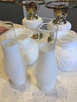 Gone with the wind white milk glass hobnail hurricane lamps Vintage Pair