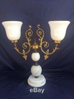 Gorgeous French White Marble Milk Glass & Brass Antique Lamp