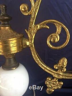 Gorgeous French White Marble Milk Glass & Brass Antique Lamp