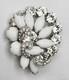 Gorgeous Vintage Signed Eisenberg White Milk Glass & Clear Rhinestone Brooch