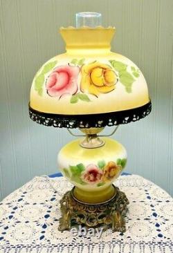 Granny Chic Antique Gone With Wind Hurricane Table Lamp Hand Painted Milk Glass