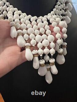 HTF Vintage MIRIAM HASKELL Signed POURED MILK Glass Huge BIB? NECKLACE Mint