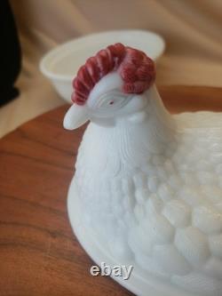 HTF Vintage Westmoreland Glass Large 8 White Red hen on a nest 2pcs
