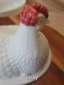 HTF Vintage Westmoreland Glass Large 8 White Red hen on a nest 2pcs HTF Vintage Westmoreland Glass Large 8 White Red hen on a nest 2pcs