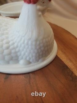 HTF Vintage Westmoreland Glass Large 8 White Red hen on a nest 2pcs