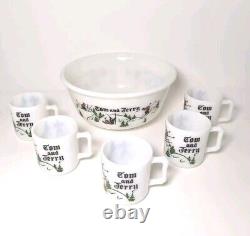 HTF Vtg Hazel Atlas Tom & Jerry Set Skiing Skiers 5 Cups/Mugs Punch Bowl Eggnog