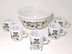 HTF Vtg Hazel Atlas Tom & Jerry Set Skiing Skiers 5 Cups/Mugs Punch Bowl Eggnog