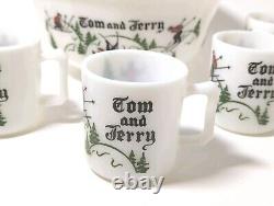 HTF Vtg Hazel Atlas Tom & Jerry Set Skiing Skiers 5 Cups/Mugs Punch Bowl Eggnog