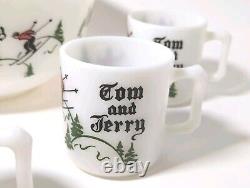 HTF Vtg Hazel Atlas Tom & Jerry Set Skiing Skiers 5 Cups/Mugs Punch Bowl Eggnog