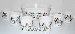 HTF Vtg Hazel Atlas Tom & Jerry Set Skiing Skiers 6 Cups/Mugs Punch Bowl Eggnog