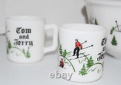 HTF Vtg Hazel Atlas Tom & Jerry Set Skiing Skiers 6 Cups/Mugs Punch Bowl Eggnog