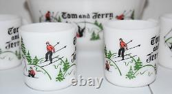 HTF Vtg Hazel Atlas Tom & Jerry Set Skiing Skiers 6 Cups/Mugs Punch Bowl Eggnog