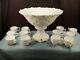 Htf Westmoreland Milk Glass Old Quilt Punch Bowl Set With Base & 12 Cups