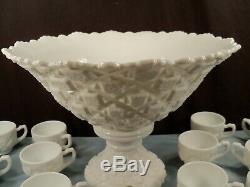 HTF Westmoreland Milk Glass OLD QUILT Punch Bowl Set with Base & 12 Cups