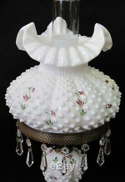 Hand Painted Fenton Violets on Hobnail Milk Glass Lamp with Prisms Artist Signed