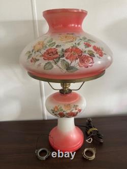 Hand Painted Pink & White Milk Glass Floral Hurricane Electric Lamp Vintage