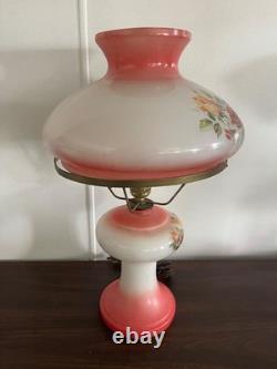 Hand Painted Pink & White Milk Glass Floral Hurricane Electric Lamp Vintage