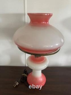 Hand Painted Pink & White Milk Glass Floral Hurricane Electric Lamp Vintage