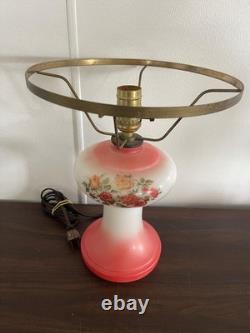 Hand Painted Pink & White Milk Glass Floral Hurricane Electric Lamp Vintage