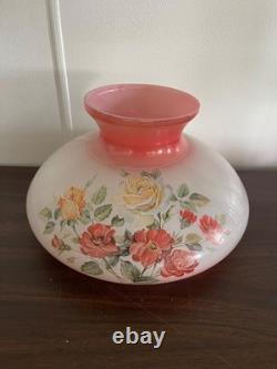 Hand Painted Pink & White Milk Glass Floral Hurricane Electric Lamp Vintage