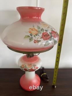 Hand Painted Pink & White Milk Glass Floral Hurricane Electric Lamp Vintage
