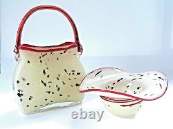 Handblown Murano Style Dalmatian Milk Glass Purse Vase Hat Dish Red Accent 01014