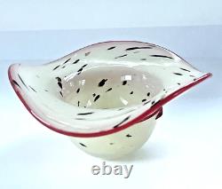 Handblown Murano Style Dalmatian Milk Glass Purse Vase Hat Dish Red Accent 01014