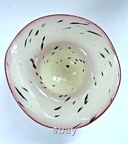 Handblown Murano Style Dalmatian Milk Glass Purse Vase Hat Dish Red Accent 01014