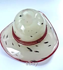 Handblown Murano Style Dalmatian Milk Glass Purse Vase Hat Dish Red Accent 01014