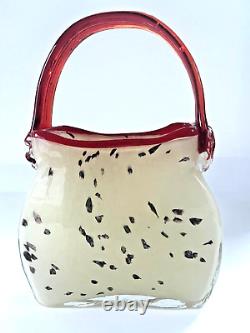 Handblown Murano Style Dalmatian Milk Glass Purse Vase Hat Dish Red Accent 01014